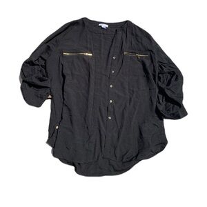 Calvin Klein Black Long Sleeve Blouse with Gold Zippers - Size XL